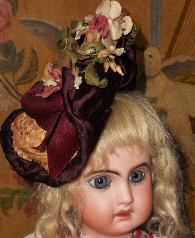 Pretty Small French Bebe Silk Bustle Dress with Straw Bonnet