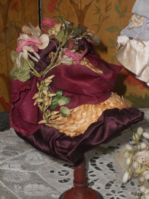 Pretty Small French Bebe Silk Bustle Dress with Straw Bonnet