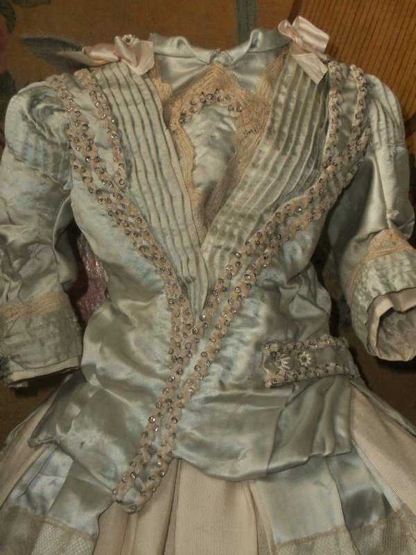 Elegant French Silk Costume with High Brim Straw Bonnet
