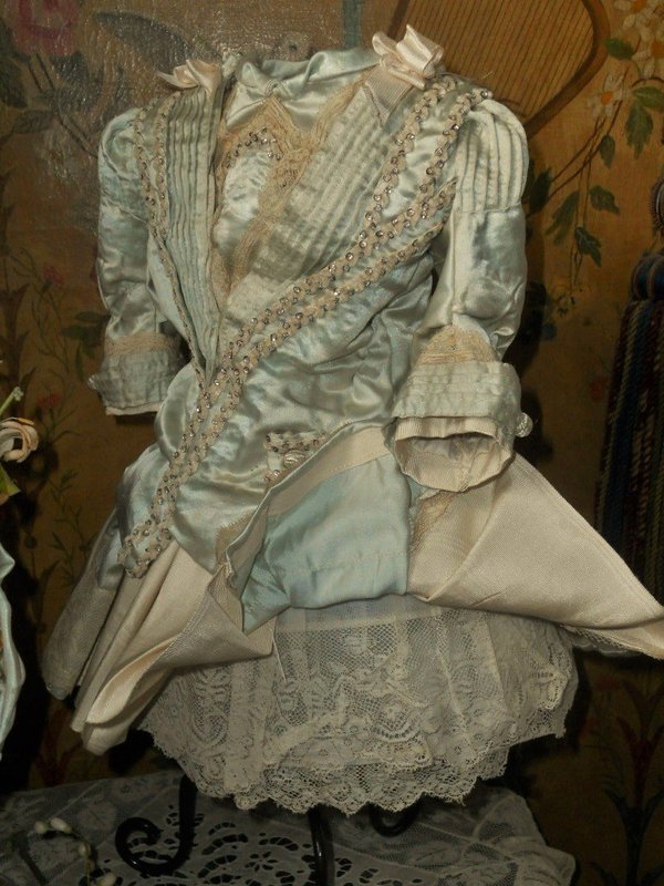 Elegant French Silk Costume with High Brim Straw Bonnet