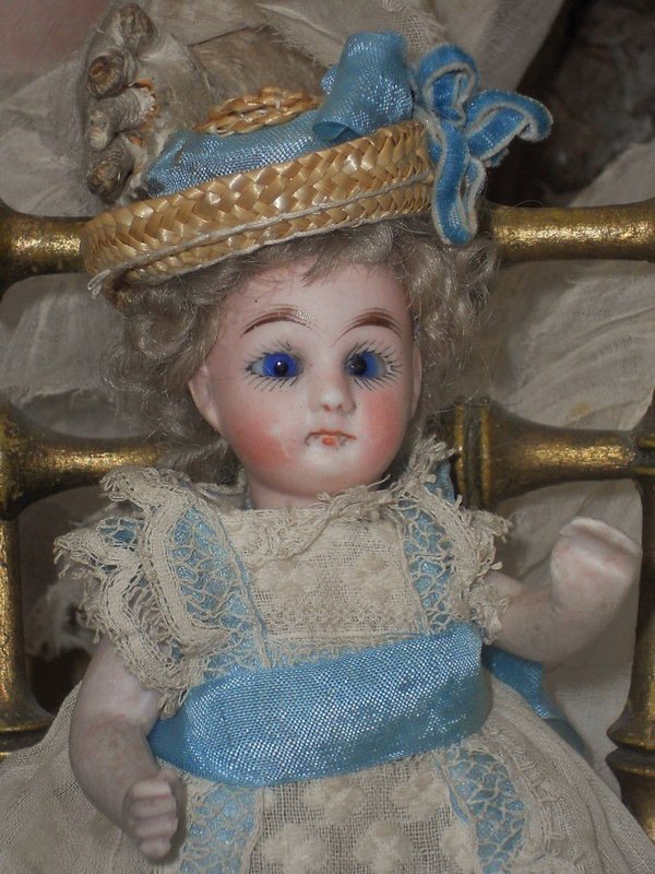 Cute French all Bisque Mignonette in Original Gown