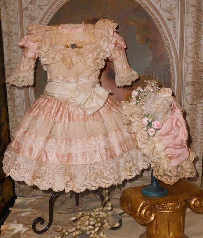 Pretty French Pink Silk and Lace Costume with Bonnet