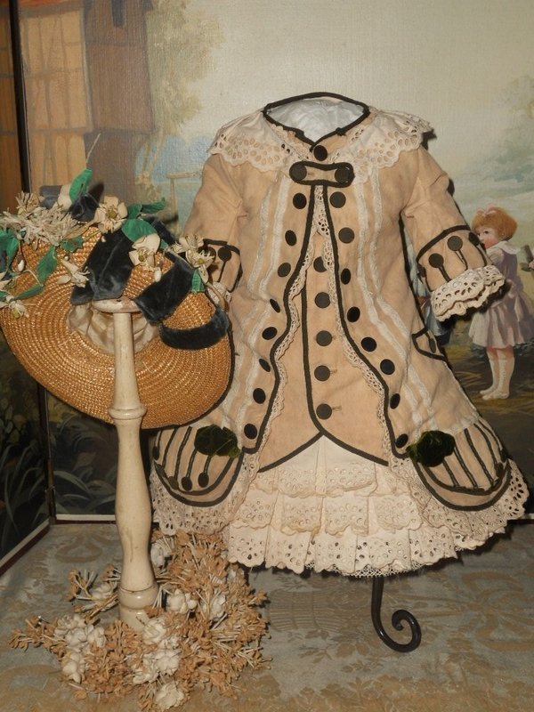 Marvelous French Bebe Costume with Straw Bonnet