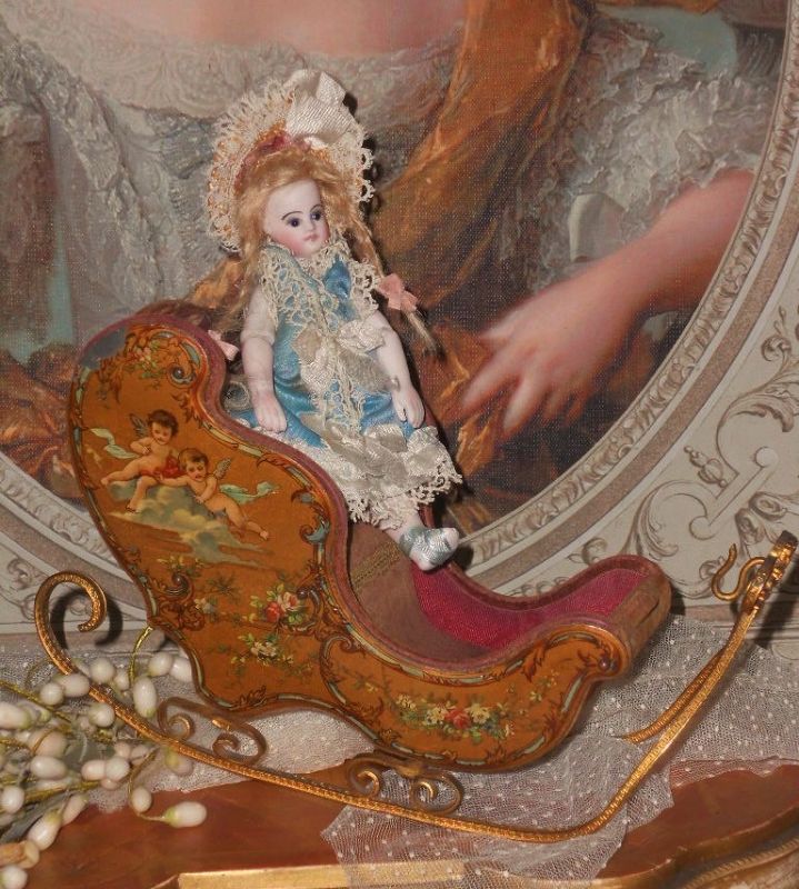 ~~~ Rare French Miniature Sleigh with Romantic Painted Scenes ~~~