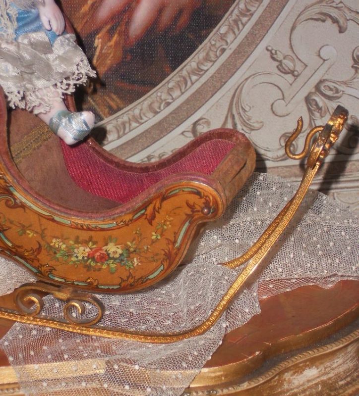 ~~~ Rare French Miniature Sleigh with Romantic Painted Scenes ~~~