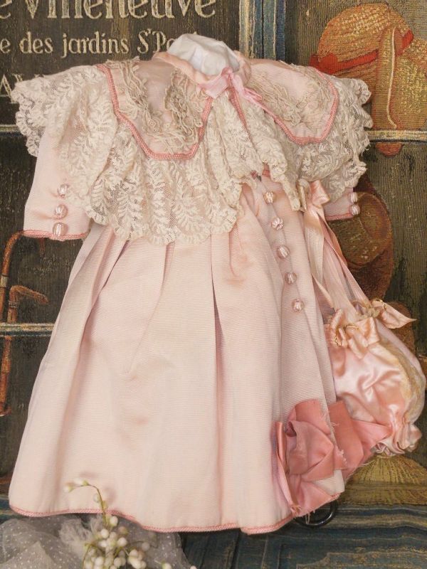~~~ Graceful French Bebe Pink Silk Coat Dress with Bonnet ~~~