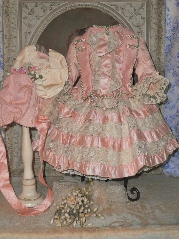 ~~~ Fancy French Pink Silk and Lace Bebe Costume with Bonnet ~~~