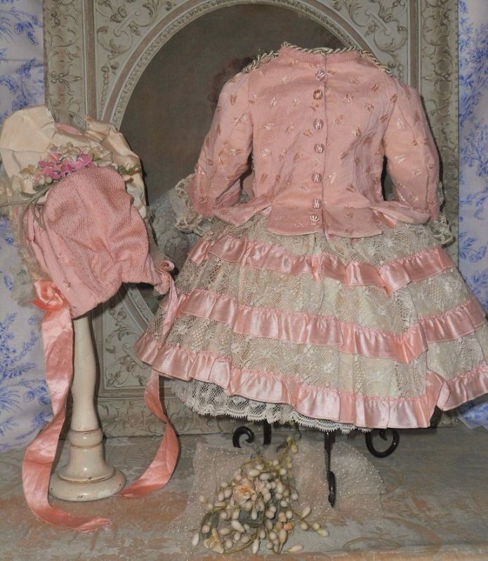 ~~~ Fancy French Pink Silk and Lace Bebe Costume with Bonnet ~~~