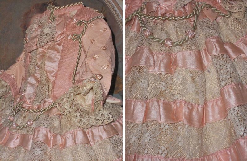 ~~~ Fancy French Pink Silk and Lace Bebe Costume with Bonnet ~~~
