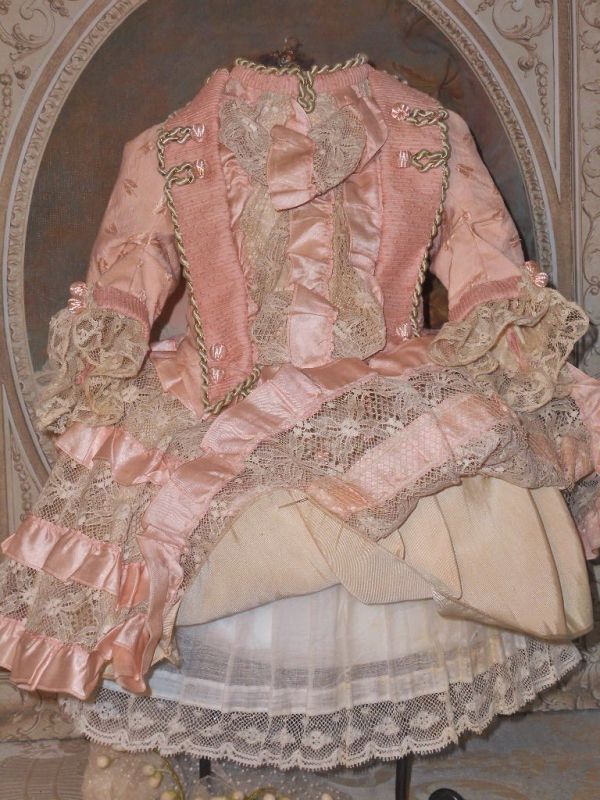 ~~~ Fancy French Pink Silk and Lace Bebe Costume with Bonnet ~~~