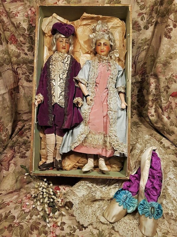 Exceptional Rare Antique French Pair of Wax Dolls all Original