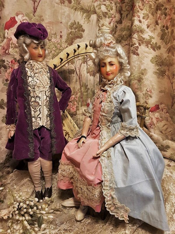 Exceptional Rare Antique French Pair of Wax Dolls all Original