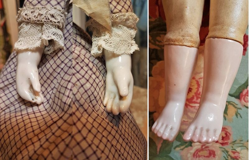 Early French Porcelain Poupee with Rare Sculpted Bare Feet and Arms