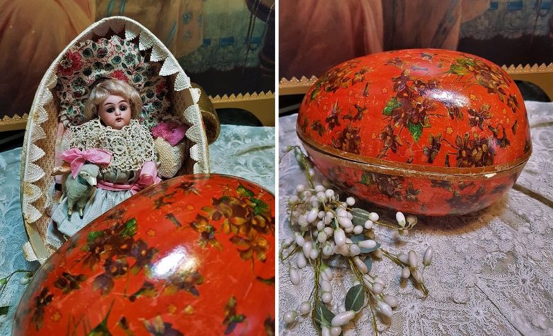 ~~Pretty 19th. Century Easter Presentation Bisque Doll + Trousseau ~~