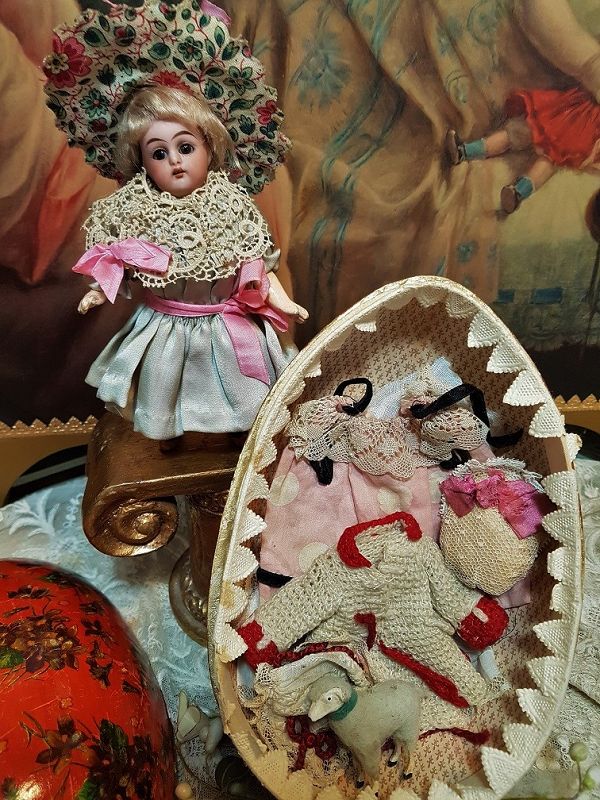 ~~Pretty 19th. Century Easter Presentation Bisque Doll + Trousseau ~~