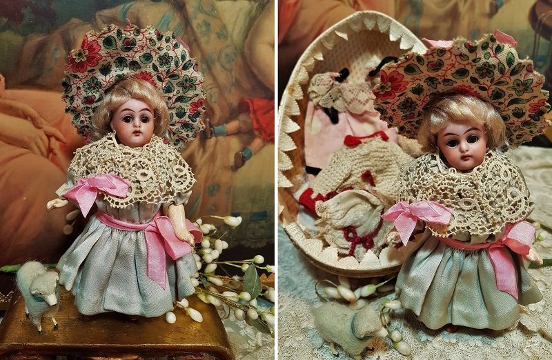 ~~Pretty 19th. Century Easter Presentation Bisque Doll + Trousseau ~~