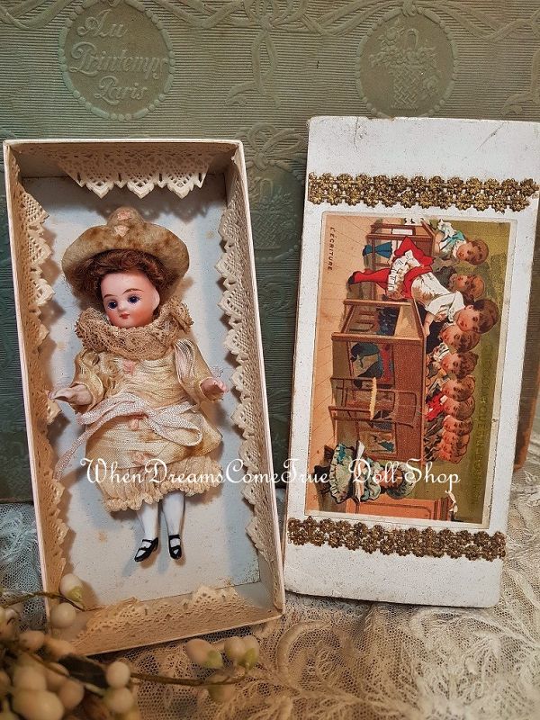 ~~~ Antique French all Bisque Mignonette in Original Dress and Box ~~~