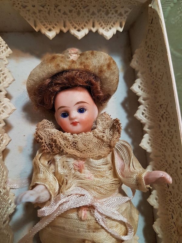 ~~~ Antique French all Bisque Mignonette in Original Dress and Box ~~~