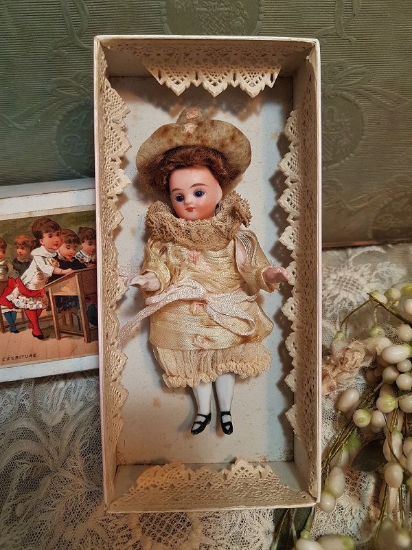 ~~~ Antique French all Bisque Mignonette in Original Dress and Box ~~~