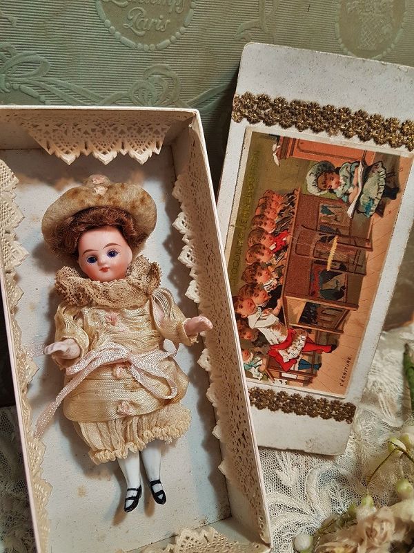 ~~~ Antique French all Bisque Mignonette in Original Dress and Box ~~~