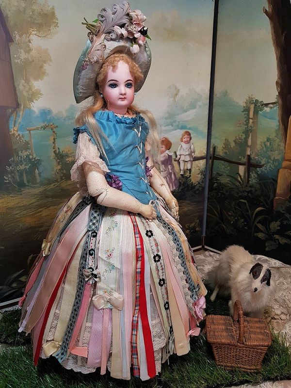 Pretty French Bisque Poupee by Jumeau in Superb Antique Party Gown