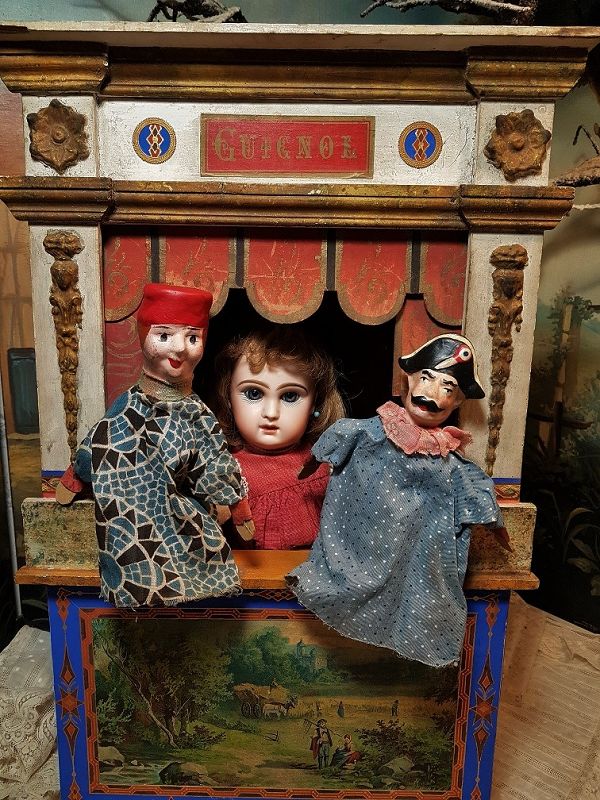 Beautiful Antique small French Guignol Doll Size Puppet Theater