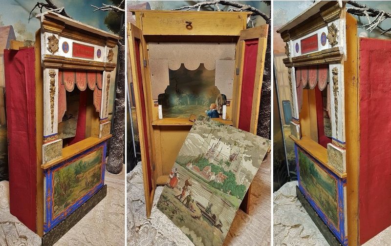 Beautiful Antique small French Guignol Doll Size Puppet Theater