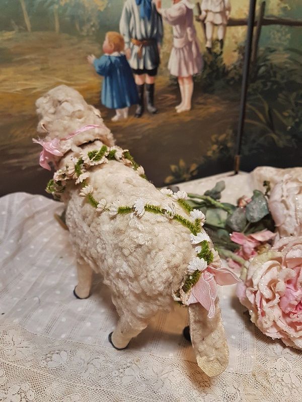 ~~~ Charming Antique French Lamb Fur Toy Sheep ~~~