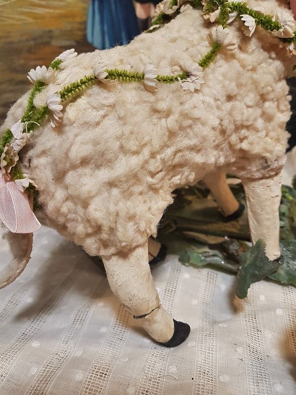 ~~~ Charming Antique French Lamb Fur Toy Sheep ~~~