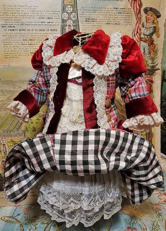~~~ Superb French Plaid Bebe Costume with Lace Bonnet ~~~