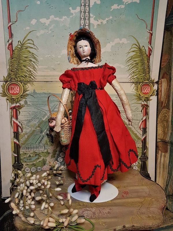 ~~~ Rare Early Wooden Doll with Original Costume and Peddler Basket ~~