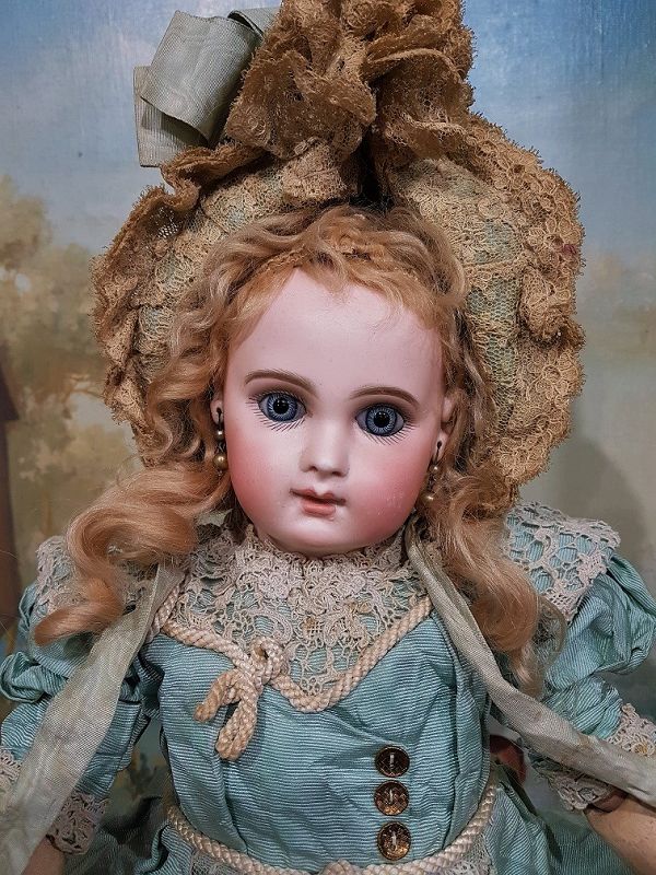 French Bisque Portrait Bebe by Jumeau size 8 in Wonderful Clothing