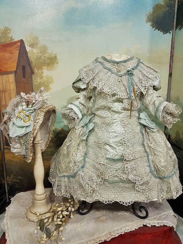 Fancy French Bebe Silk and Lace Costume with Marching Bonnet