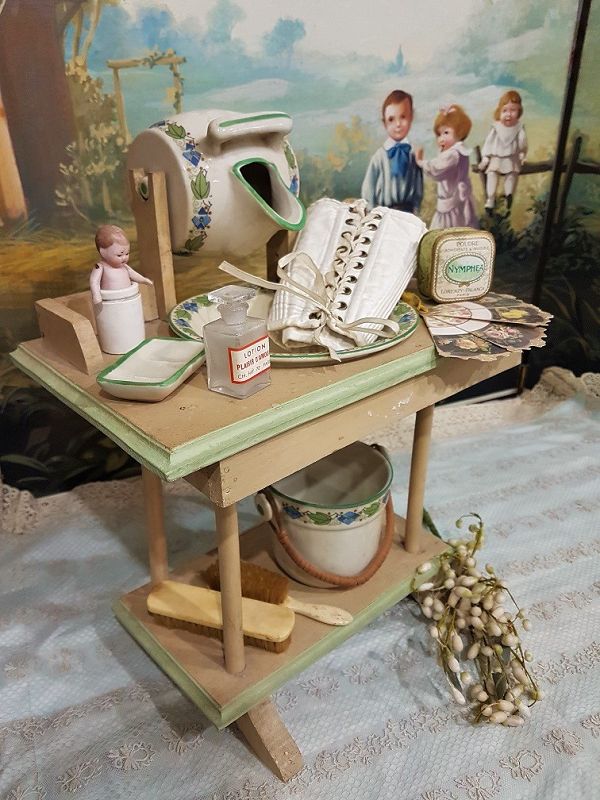 ~~~French Bebe Dressing Table with Rare Porcelain - Set~~~