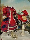 Outstanding French Jumeau red Bebe Costume with Straw Bonnet