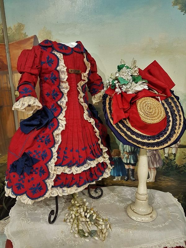Outstanding French Jumeau red Bebe Costume with Straw Bonnet