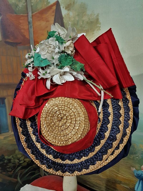 Outstanding French Jumeau red Bebe Costume with Straw Bonnet