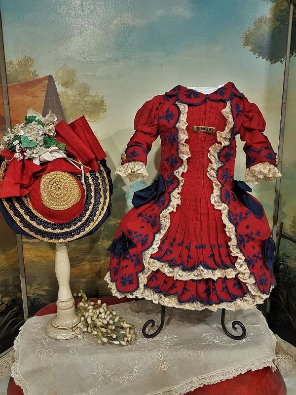 Outstanding French Jumeau red Bebe Costume with Straw Bonnet