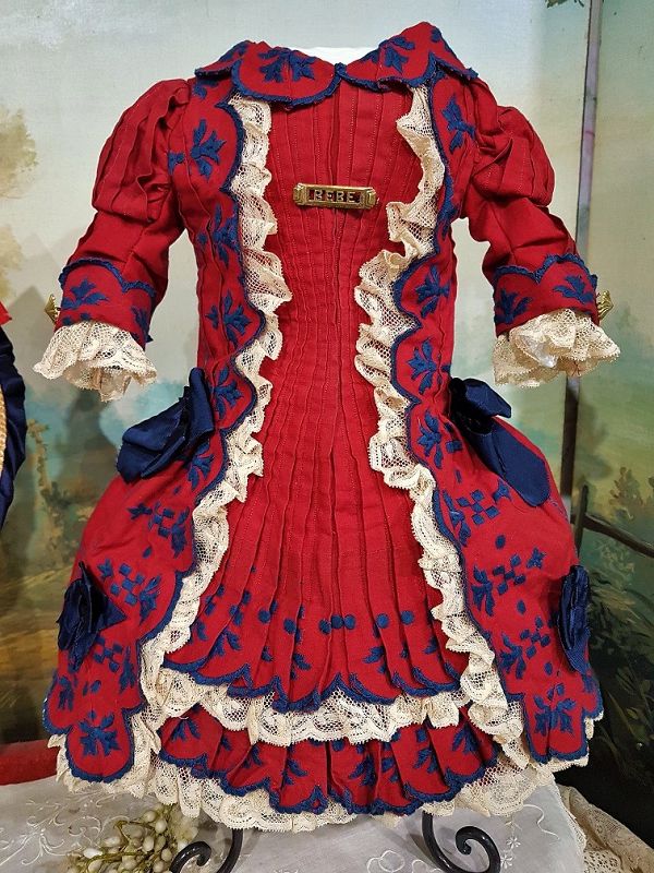 Outstanding French Jumeau red Bebe Costume with Straw Bonnet