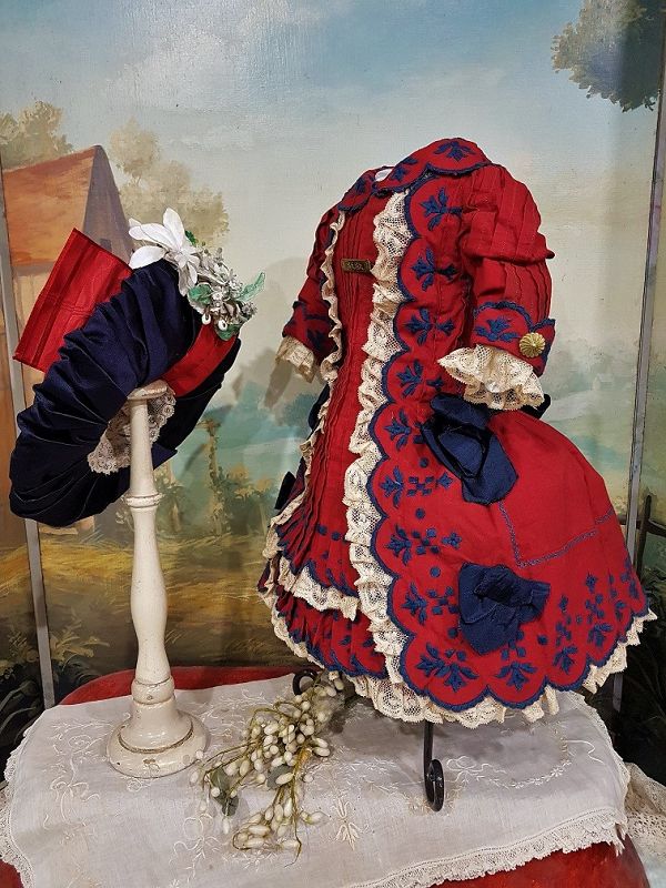 Outstanding French Jumeau red Bebe Costume with Straw Bonnet