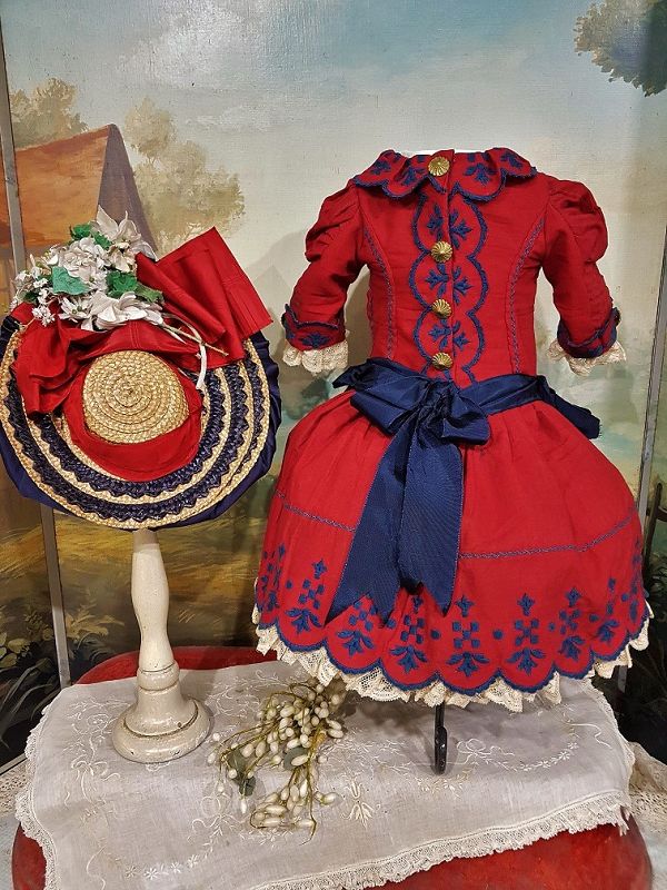 Outstanding French Jumeau red Bebe Costume with Straw Bonnet