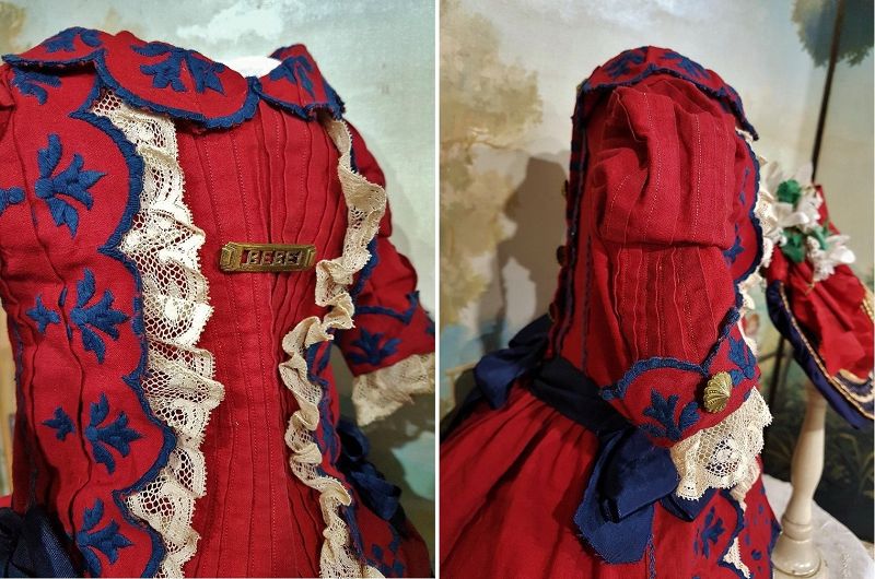 Outstanding French Jumeau red Bebe Costume with Straw Bonnet