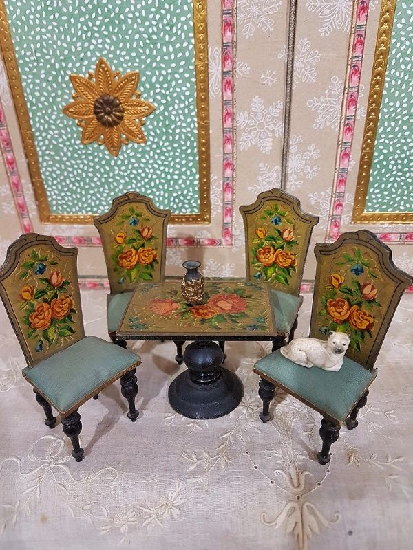 Charming Petite Dollhouse Lithographed Wooden Furniture / 1880