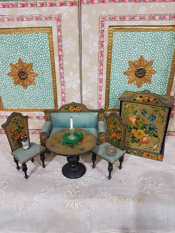 Charming 5 Piece Petite Dollhouse Lithographed Wooden Furniture
