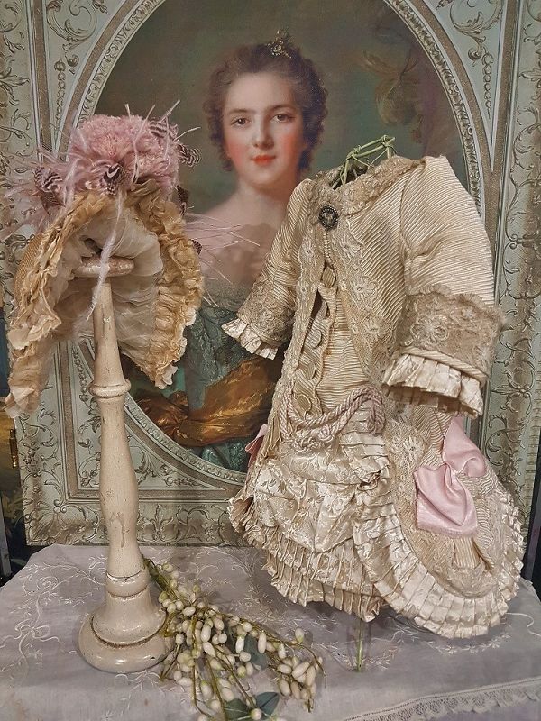 Superb French Cream &amp; Rose Silk Costume with antique Straw Bonnet