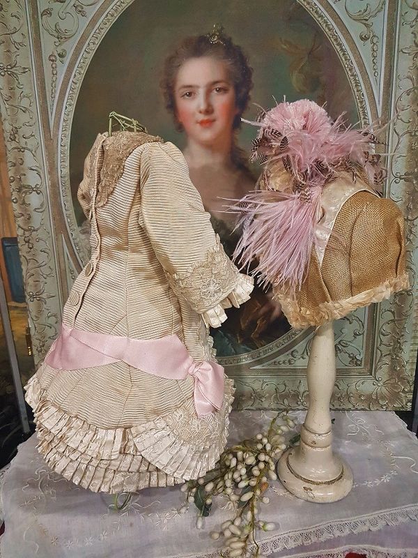 Superb French Cream &amp; Rose Silk Costume with antique Straw Bonnet