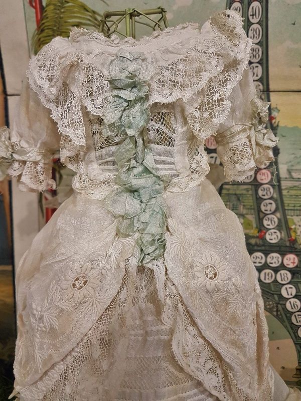 ~~~ Superb Antique French Poupee Muslin Gown with Slip ~~~