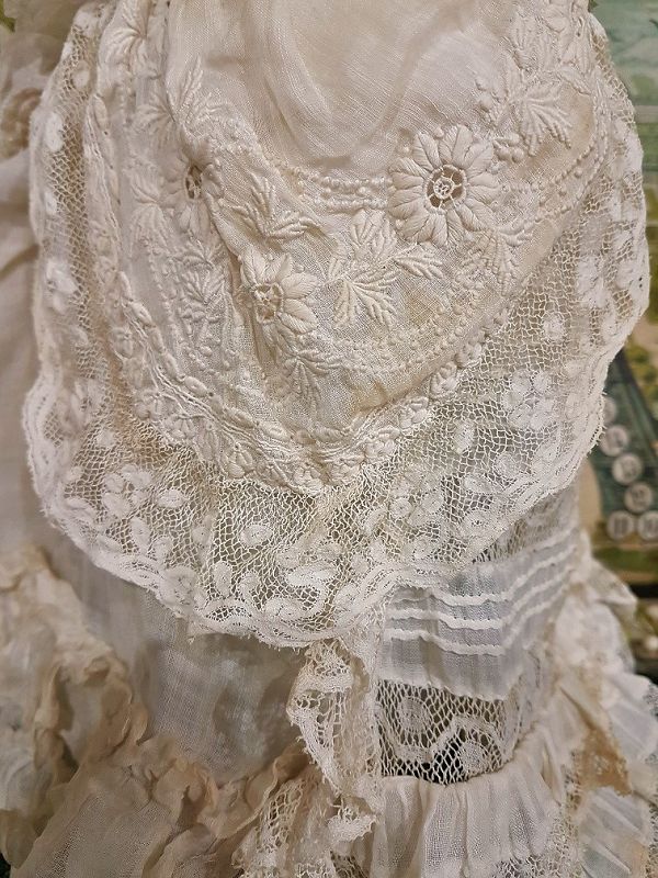 ~~~ Superb Antique French Poupee Muslin Gown with Slip ~~~