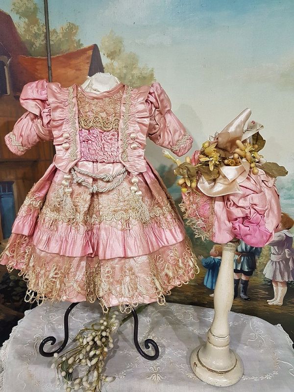 ~~~Pretty French Pink Silk Bebe Costume with Matching Bonnet ~~~
