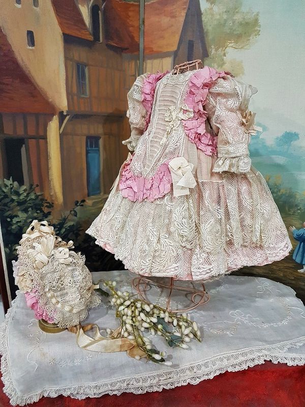 ~~~ Fancy French Bebe Silk and Lace Costume with Marching Bonnet ~~~